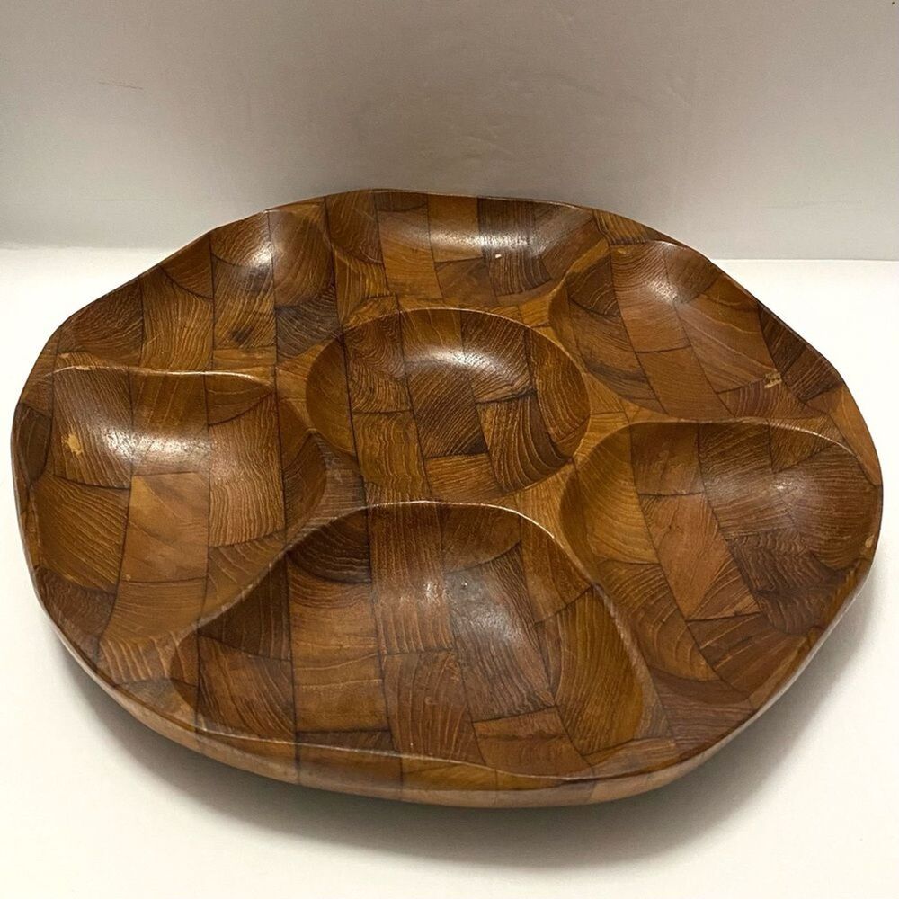 Mid-Century Parquet Teak Divided Snack Tray